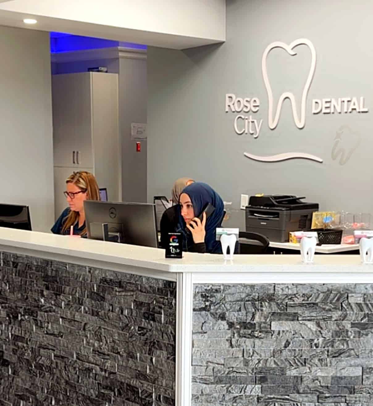 Reception desk at Rose City Dental in Windsor, Ontario